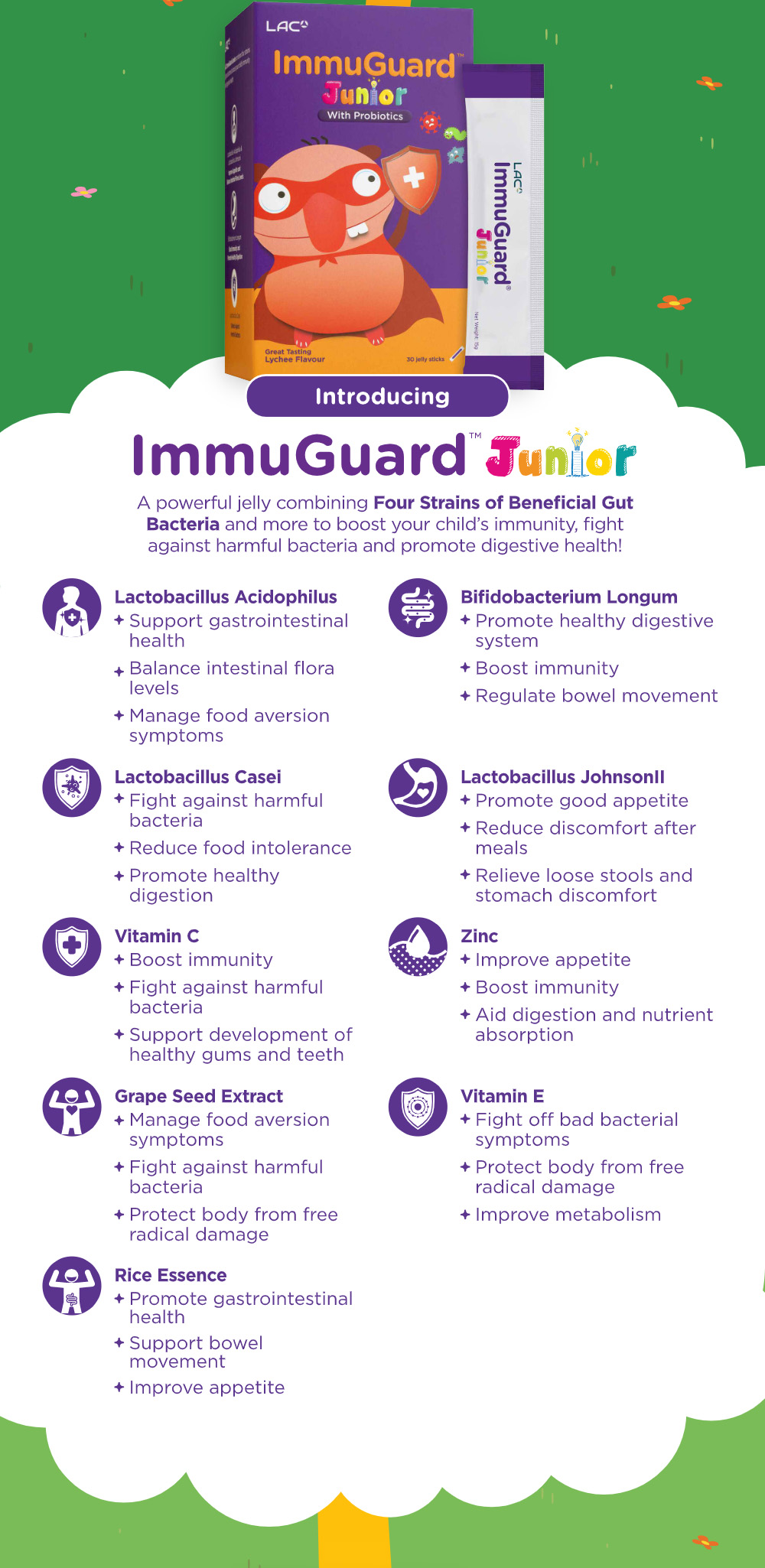  LAC JUNIOR
ImmuGuard™ Junior With Probiotics Lychee Flavour
(30 Jelly Sticks)  